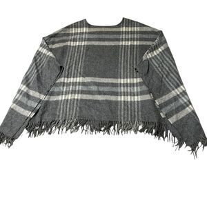 Peruvian Connection 100% Baby Alpaca Plaid Fringe Poncho Ruana Wrap Gray OS